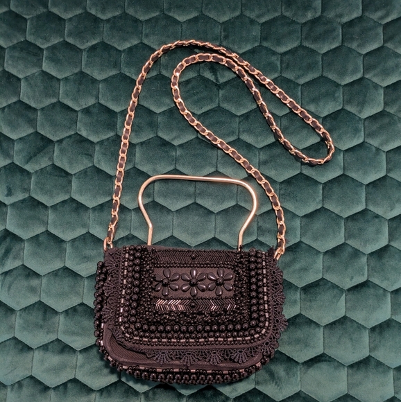 Source Unknown Handbags - Beaded black crossbody purse with gold handle and stral